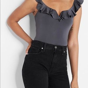 Body contour silky ruffle v-wire neckline thong bodysuit slate grey S express
